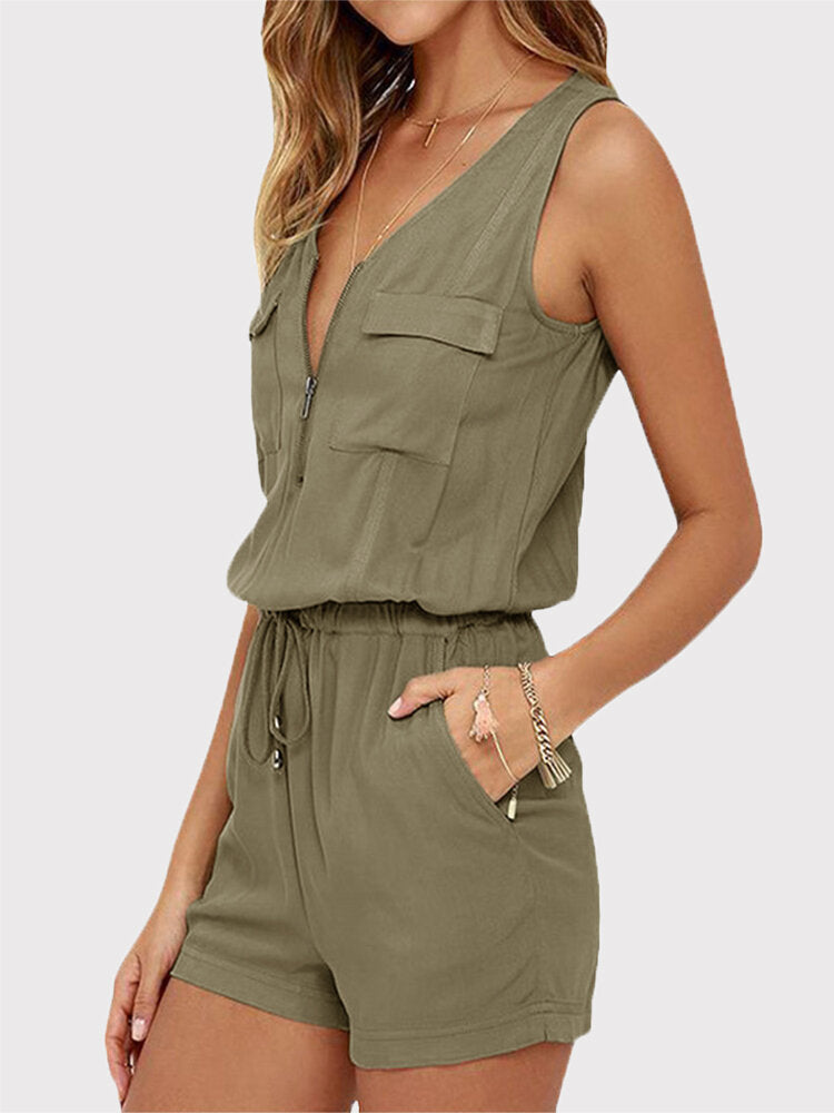 Rhian - Casual V-Neck Sleeveless Set with Front Zipper and Elastic Waist for Outdoors