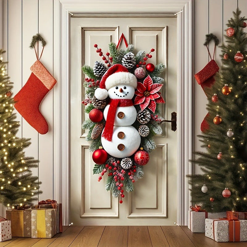Festive Polyester Snowman Wreath – Playful Holiday Door Decoration
