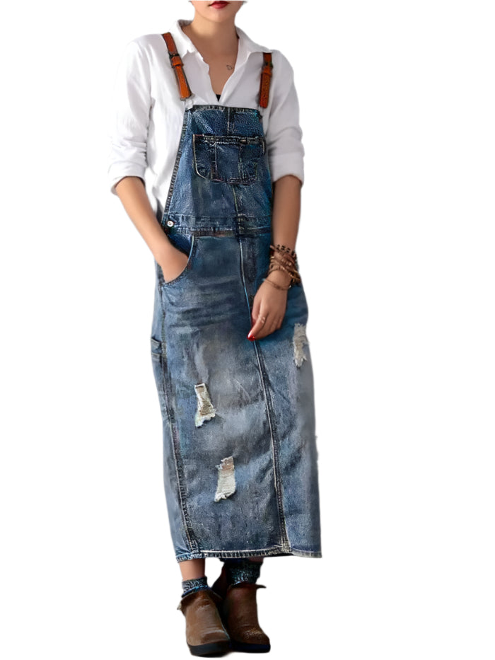 Sofia Denim | Overall dress with back slit and worn denim look