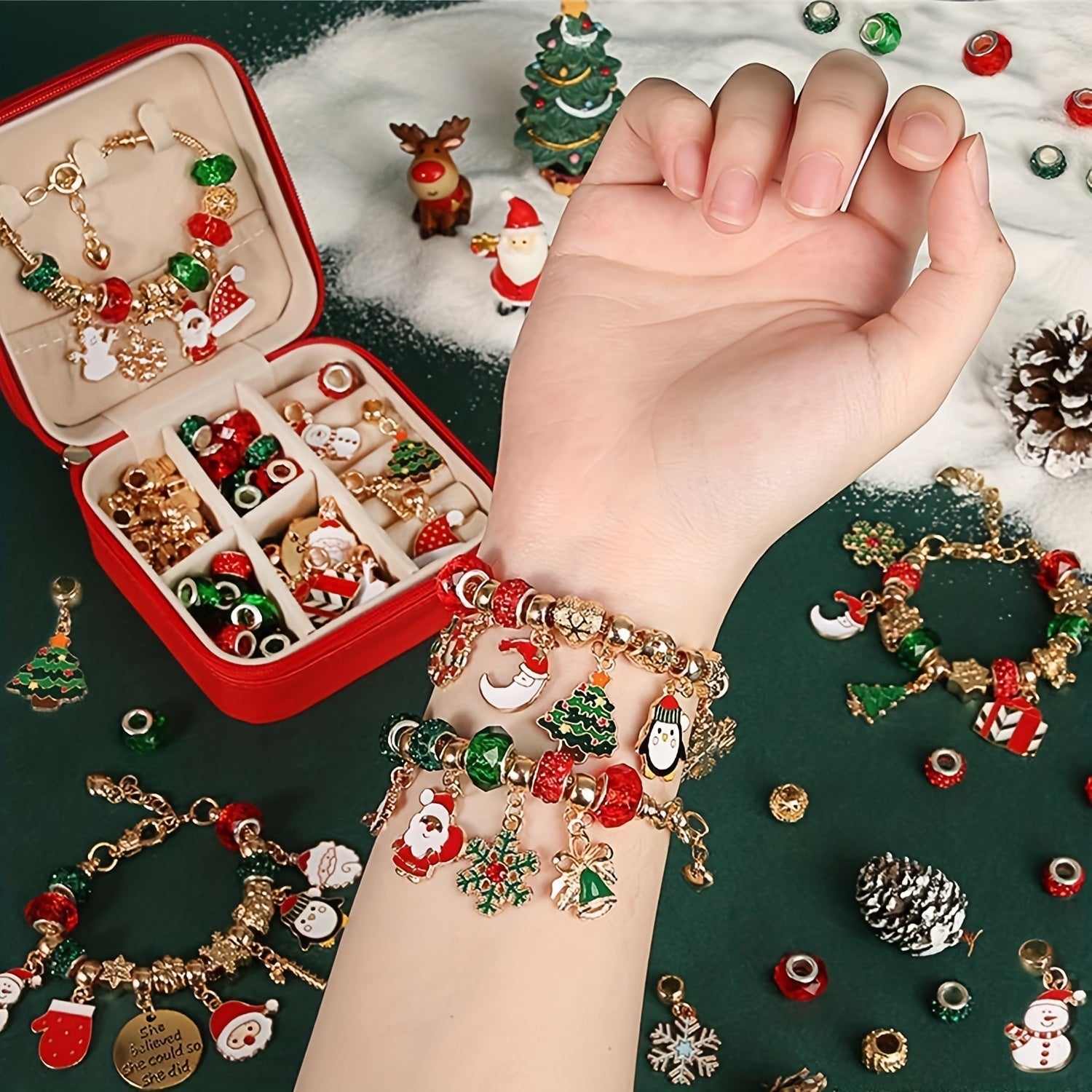 Christmas Charm Bracelet Craft Kit, Elegant Red-Green Series DIY Beads