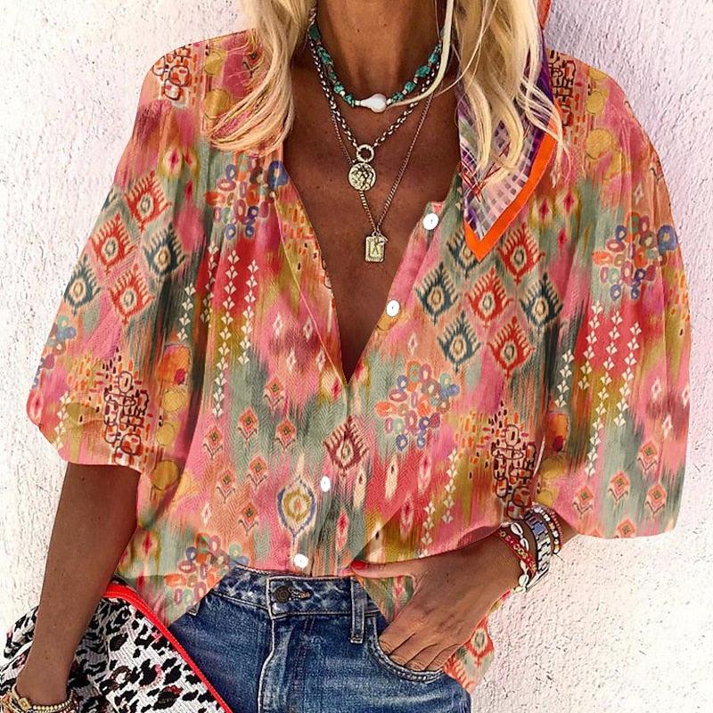 Tessa Flower Patterned Summer Top with Three-Quarter Sleeves – Elegant T-Shirt for Women