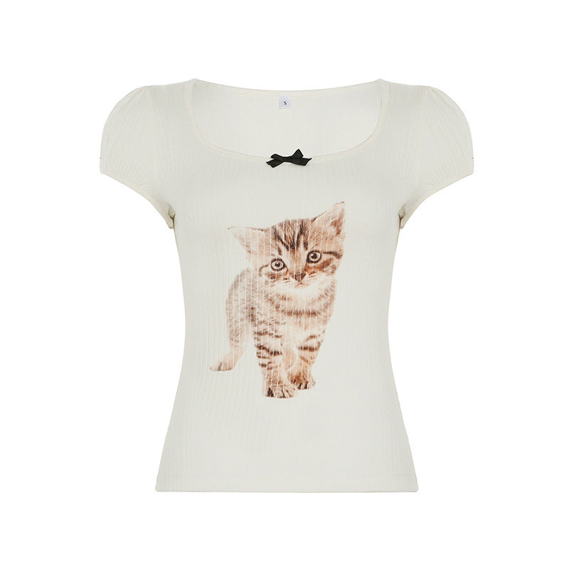 PuffMeow Puff Sleeve Cat Print Top with Bow Detail