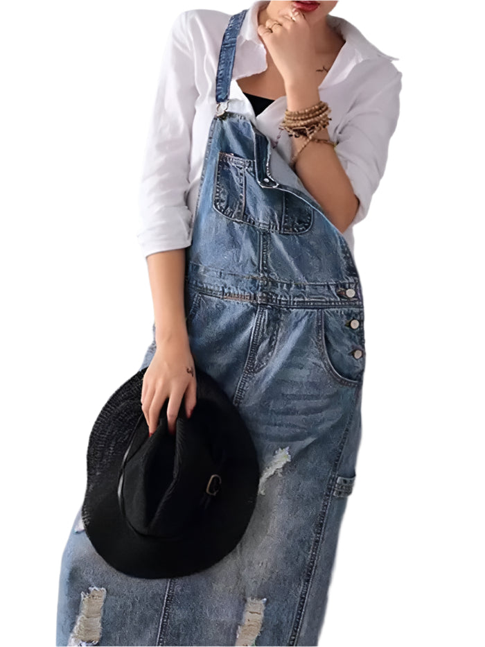Sofia Denim | Overall dress with back slit and worn denim look