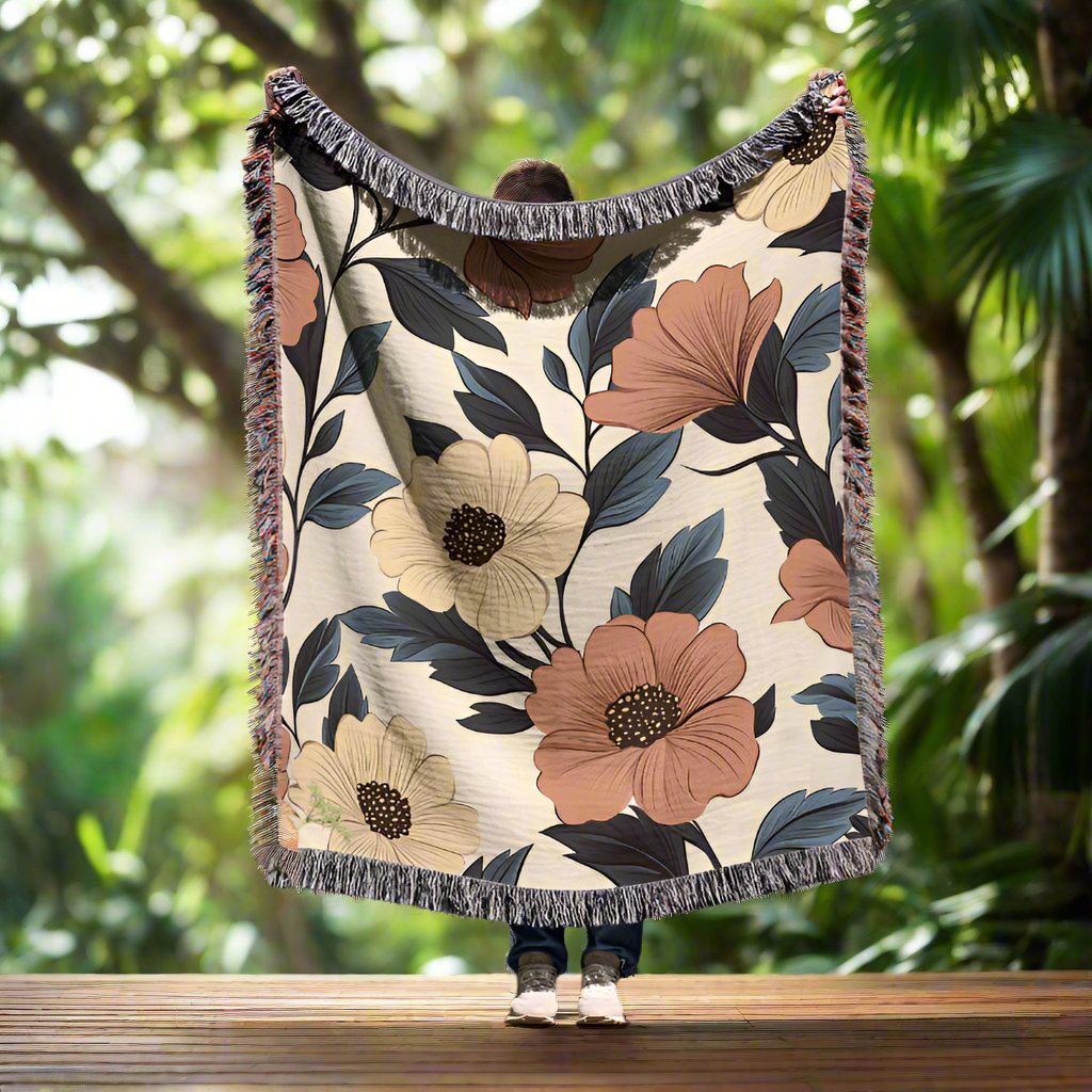 FloraWeave - Woven Floral Throw Blanket in Muted Elegance