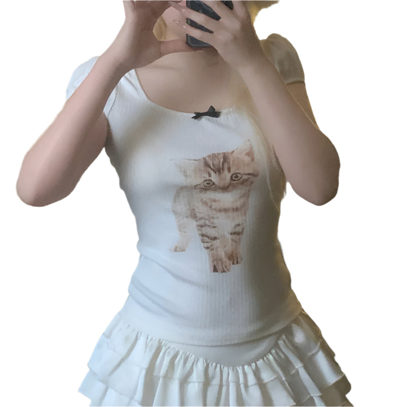 PuffMeow Puff Sleeve Cat Print Top with Bow Detail