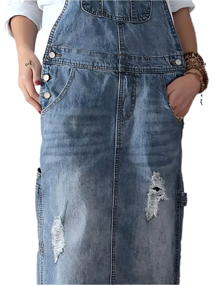 Sofia Denim | Overall dress with back slit and worn denim look