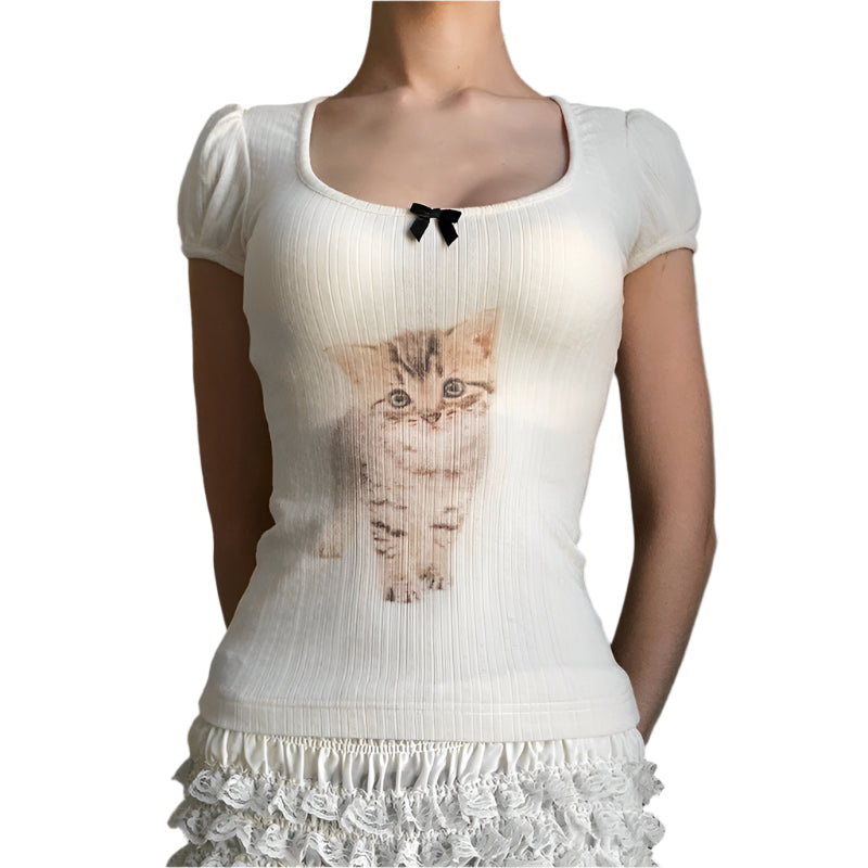 PuffMeow Puff Sleeve Cat Print Top with Bow Detail