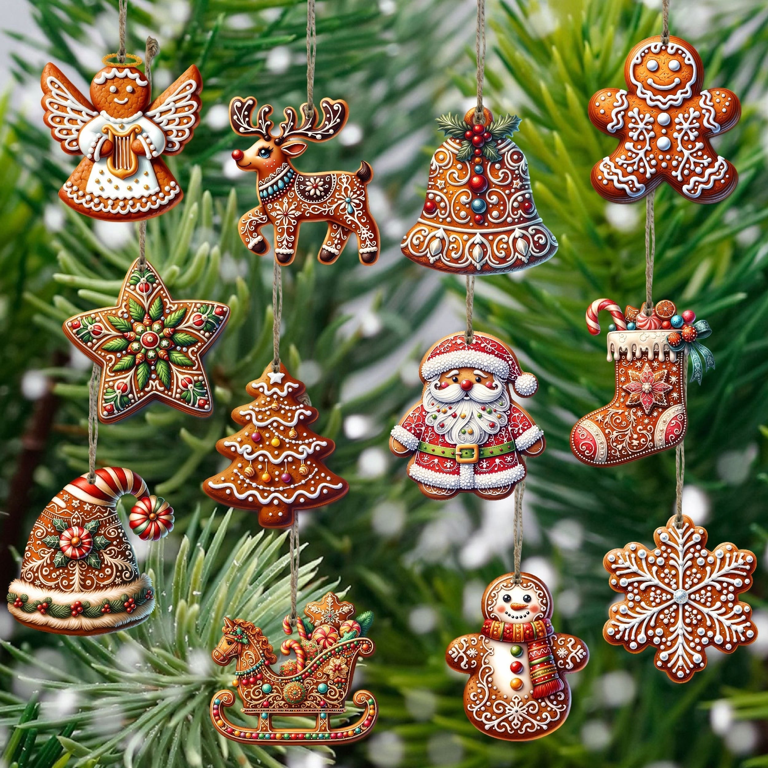 12 Pieces Handmade Wooden Christmas Bauble Set