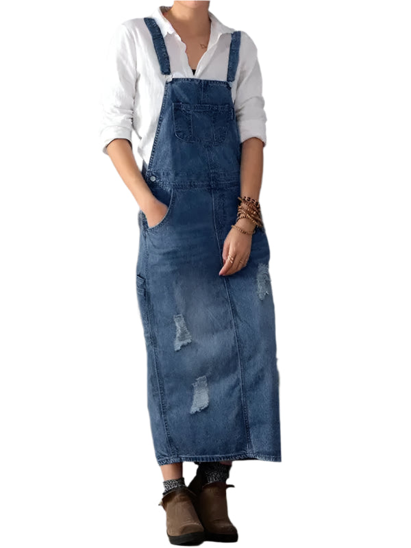 Sofia Denim | Overall dress with back slit and worn denim look