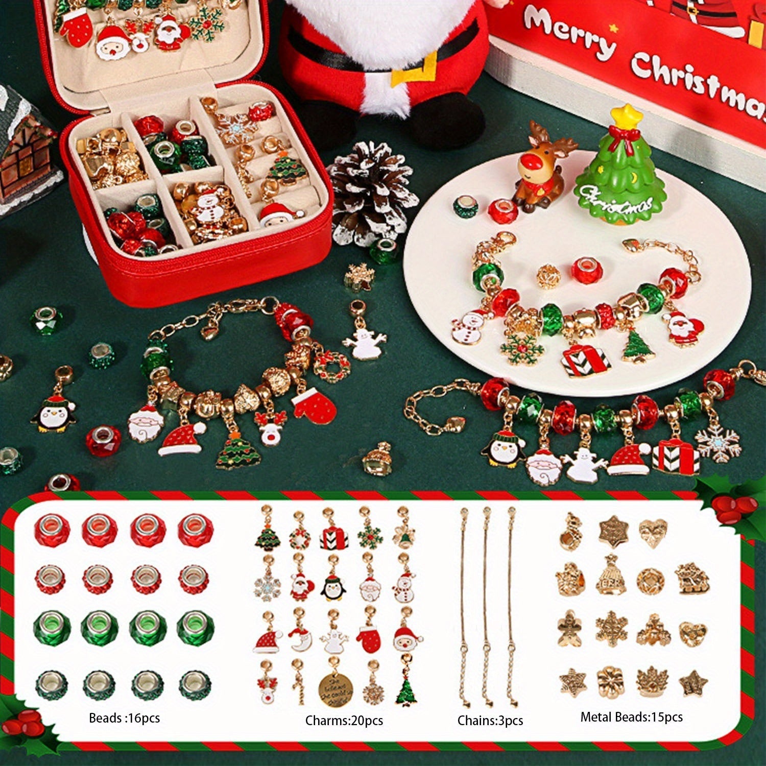 Christmas Charm Bracelet Craft Kit, Elegant Red-Green Series DIY Beads