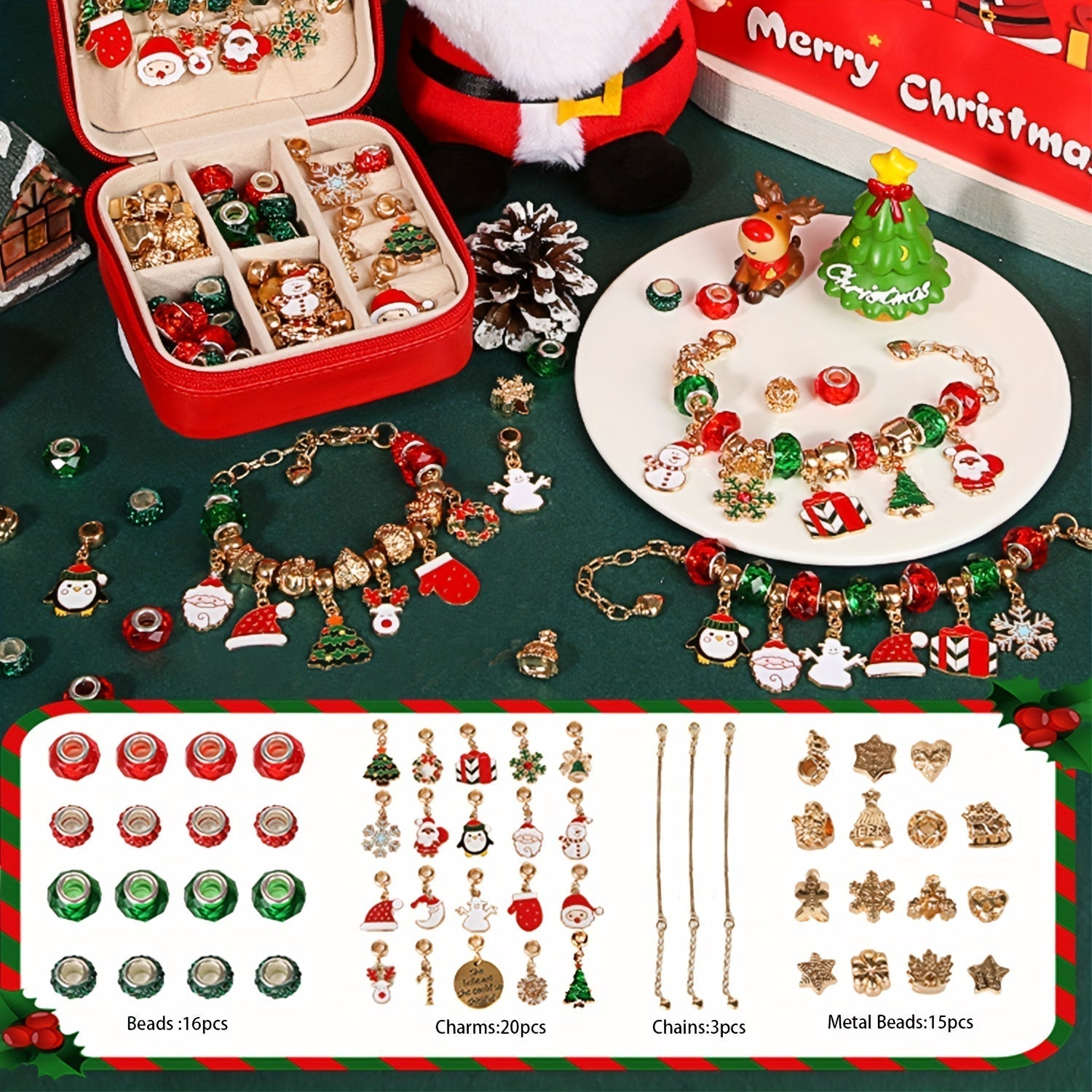 Christmas Charm Bracelet Craft Kit, Elegant Red-Green Series DIY Beads