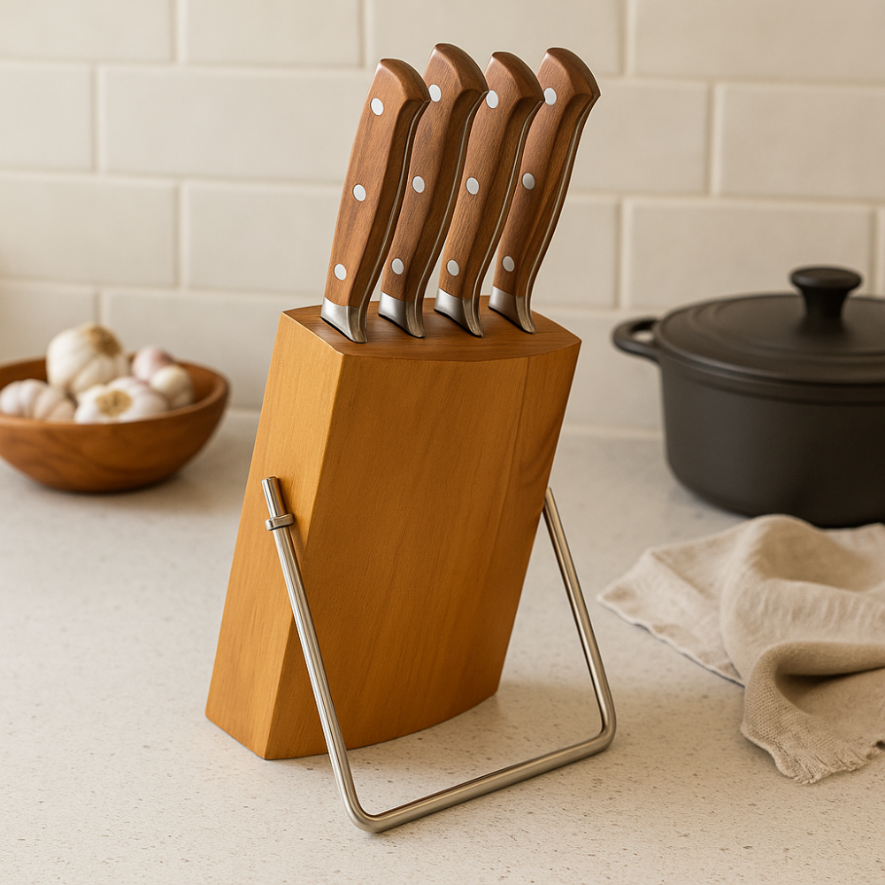 AcaciaGuard | Set of 5 German Steel Kitchen Knives with Acacia Block