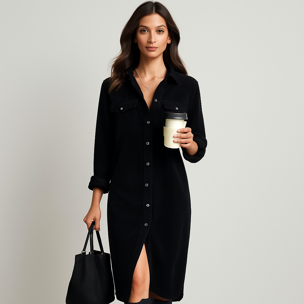 Aria Loose Corduroy Double Chest Pocket Single-Breasted Midi Dress