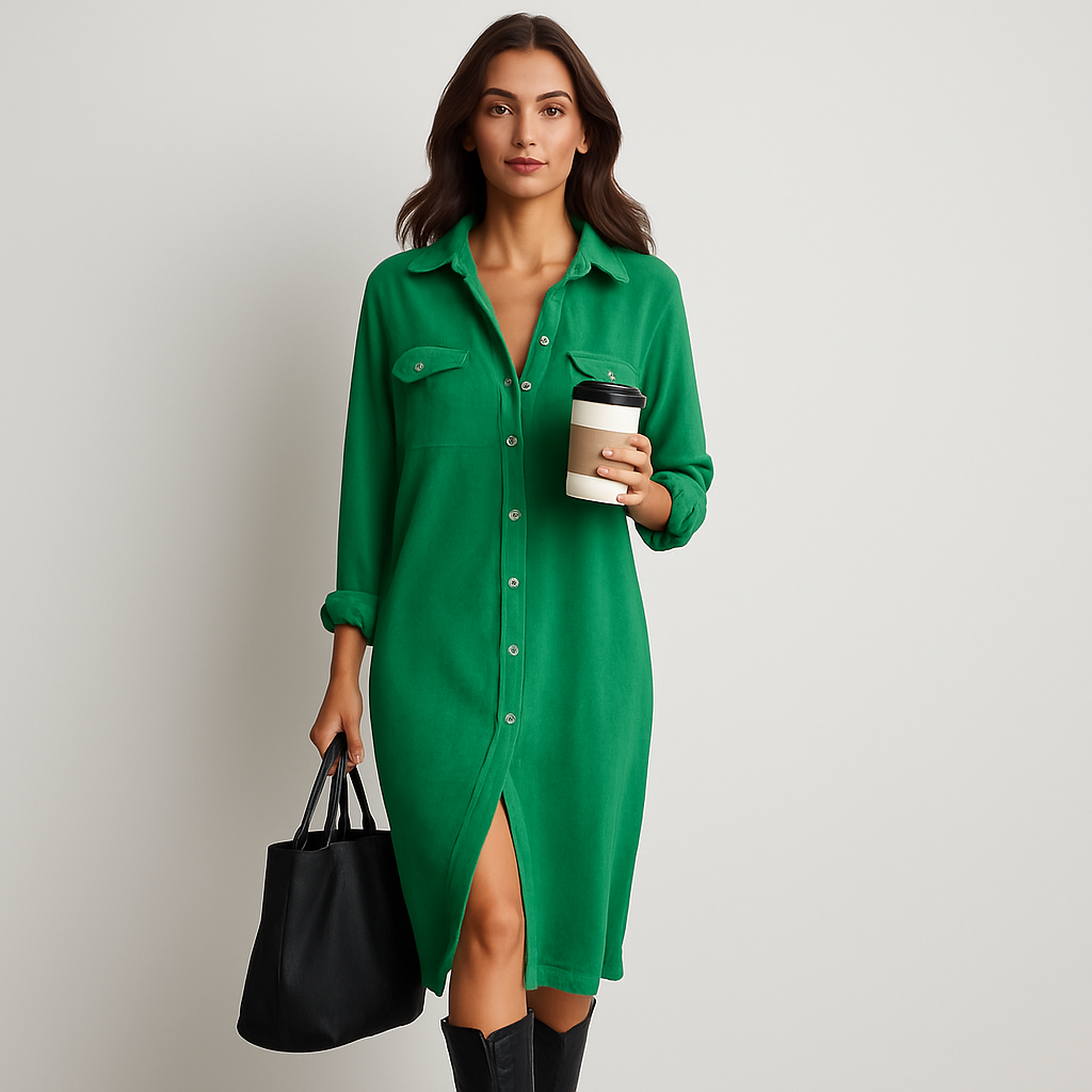 Aria Loose Corduroy Double Chest Pocket Single-Breasted Midi Dress
