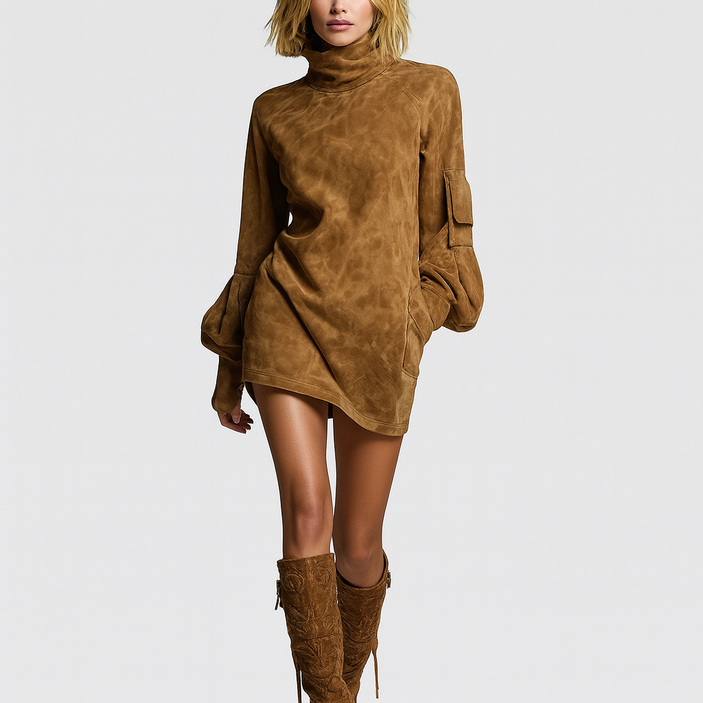 Aurielle Vintage Suede Turtleneck Mini Dress – Effortless Retro Chic