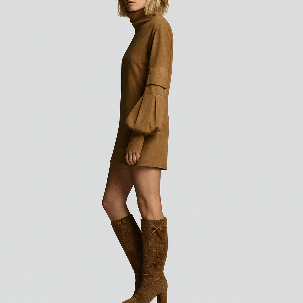 Aurielle Vintage Suede Turtleneck Mini Dress – Effortless Retro Chic