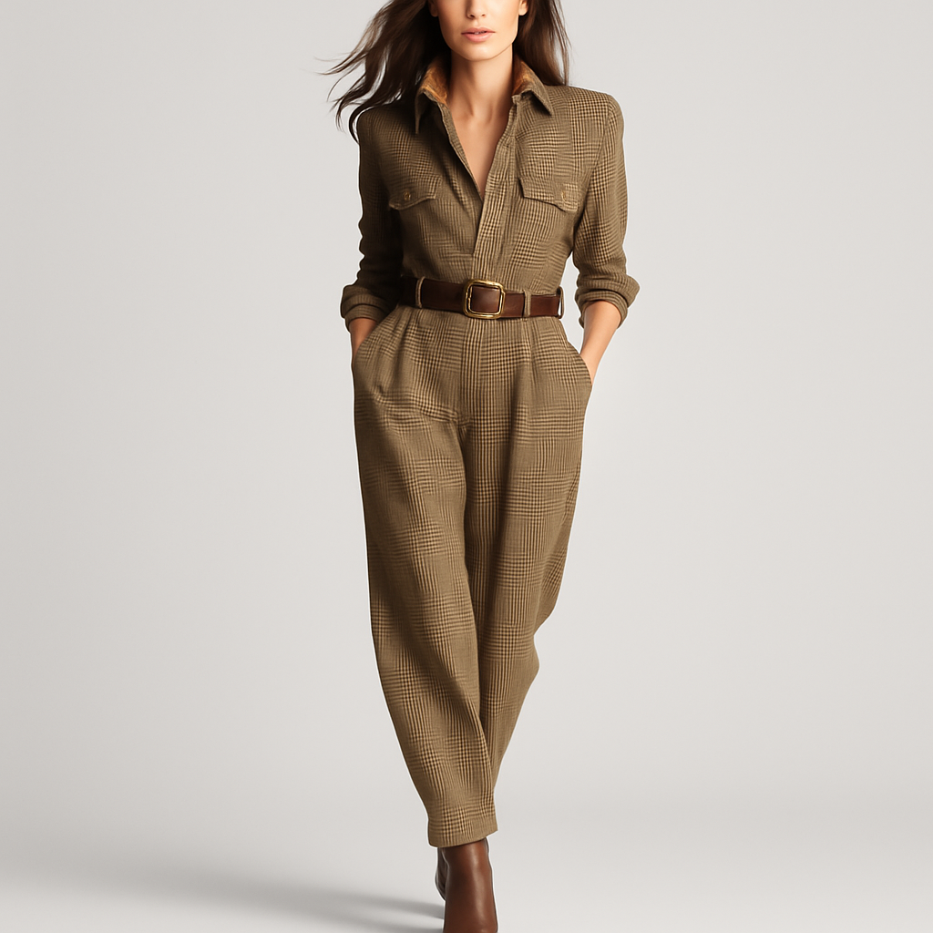 Brandia Tweed Plaid Utility Jumpsuit – Brown Sophisticated Style