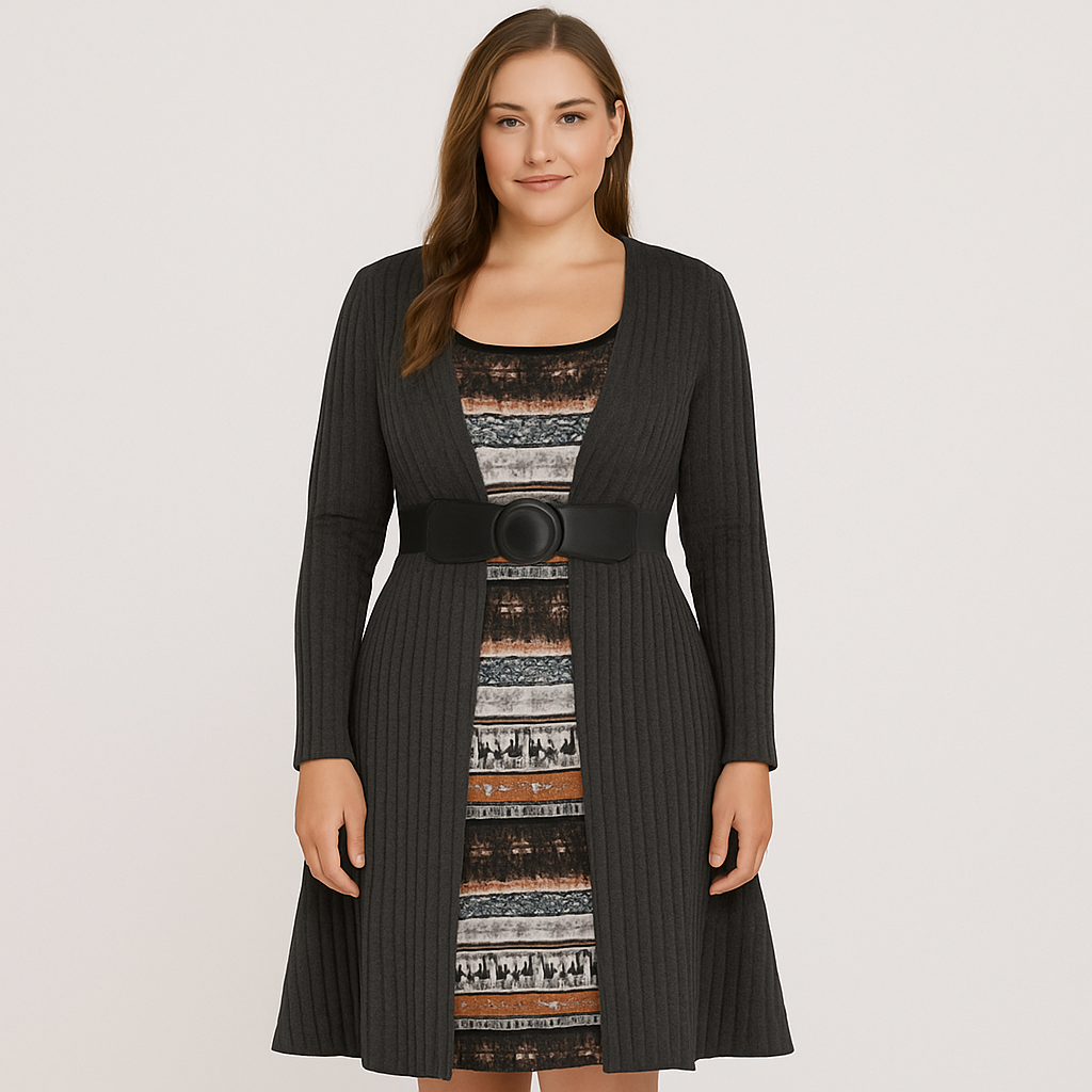Calista | Elegant A-Line Knit Dress in Colorblock Style with Square Neck