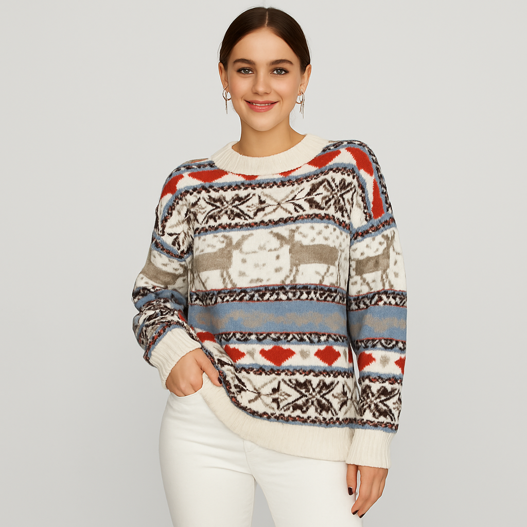 Ivanna | Geometric Sweater with Christmas Reindeer Pattern