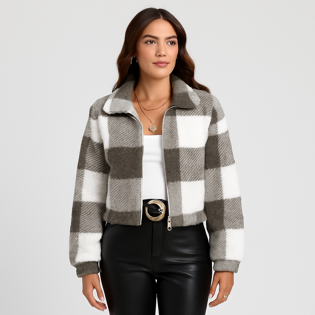 Sabine | Women's Checked Teddy Fleece Jacket with Zipper and Long Sleeve