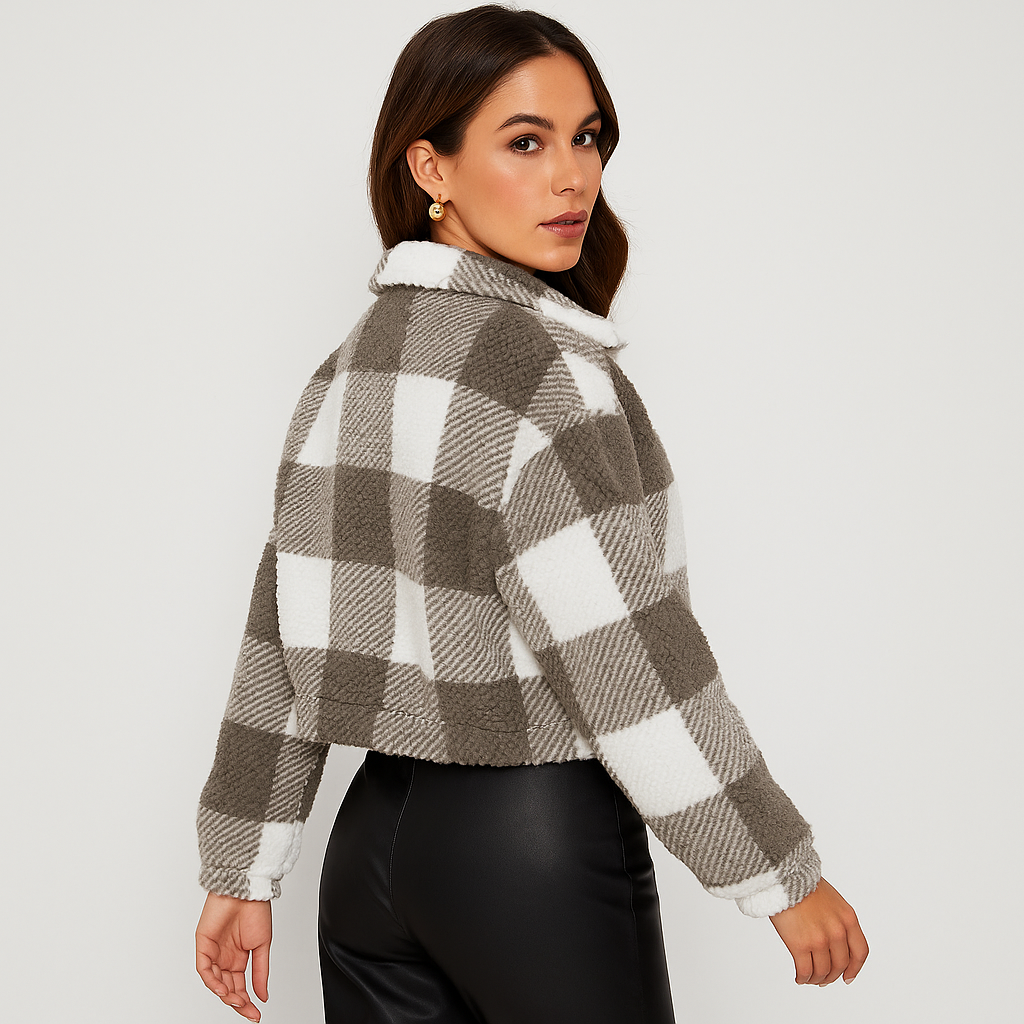 Sabine | Women's Checked Teddy Fleece Jacket with Zipper and Long Sleeve