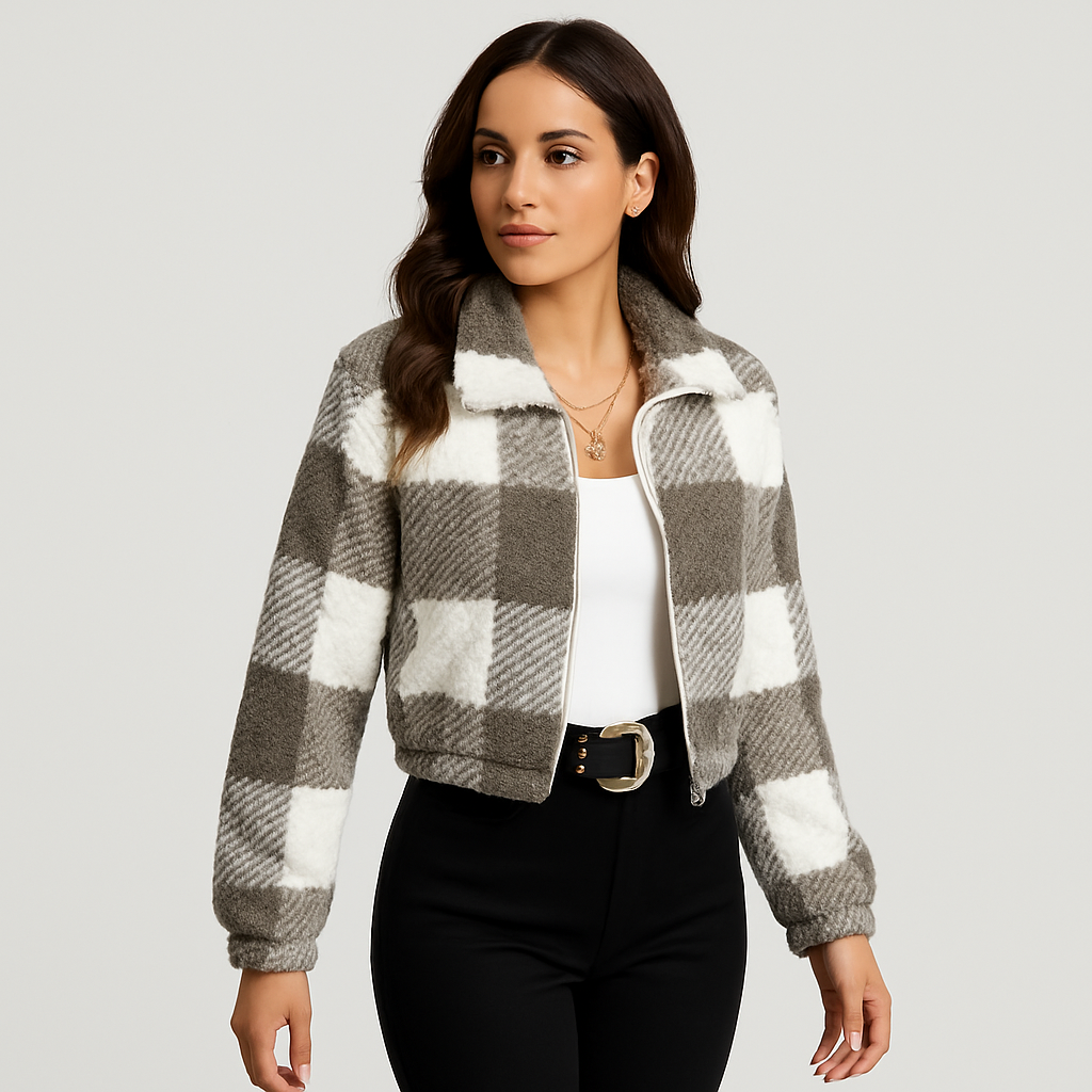 Sabine | Women's Checked Teddy Fleece Jacket with Zipper and Long Sleeve