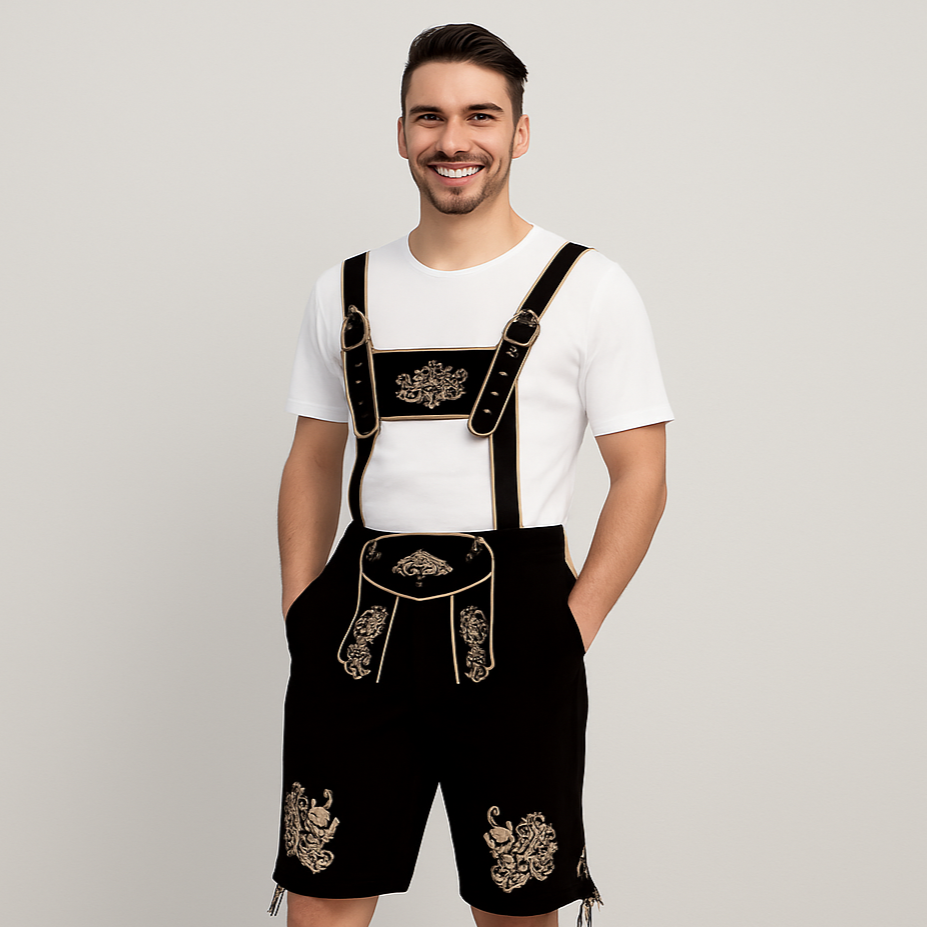 Oktoberfest Men's Shorts – Embroidered Short Trousers in Brown with Suspenders