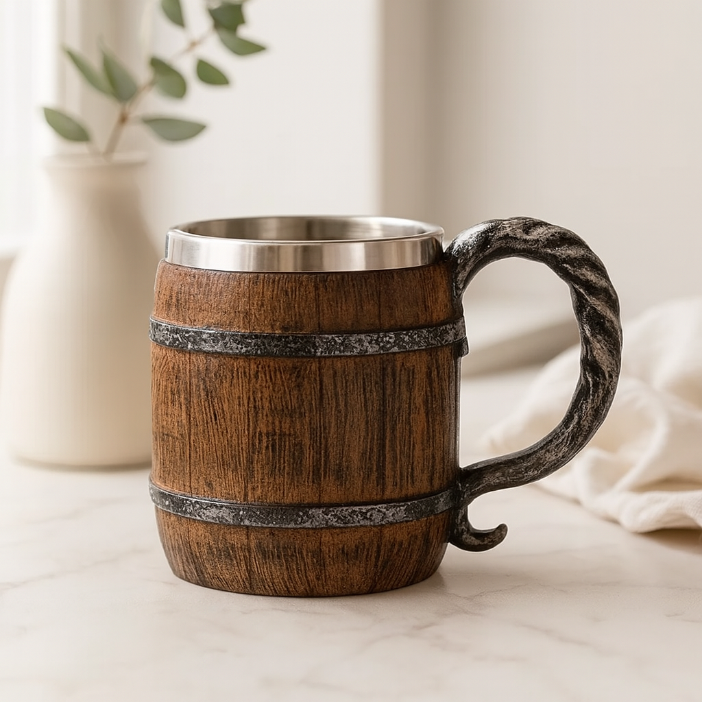 Handmade Wooden Barrel Beer Mug β Stainless Steel & Waterproof, Ideal for Oktoberfest