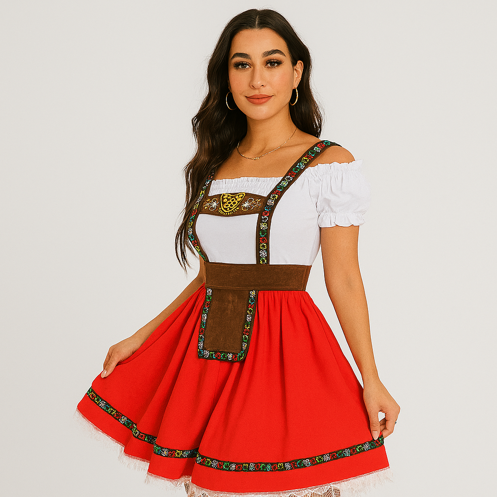 Women's Oktoberfest Dirndl β Strapless Dress with Ruffle Sleeves & Gold Accents