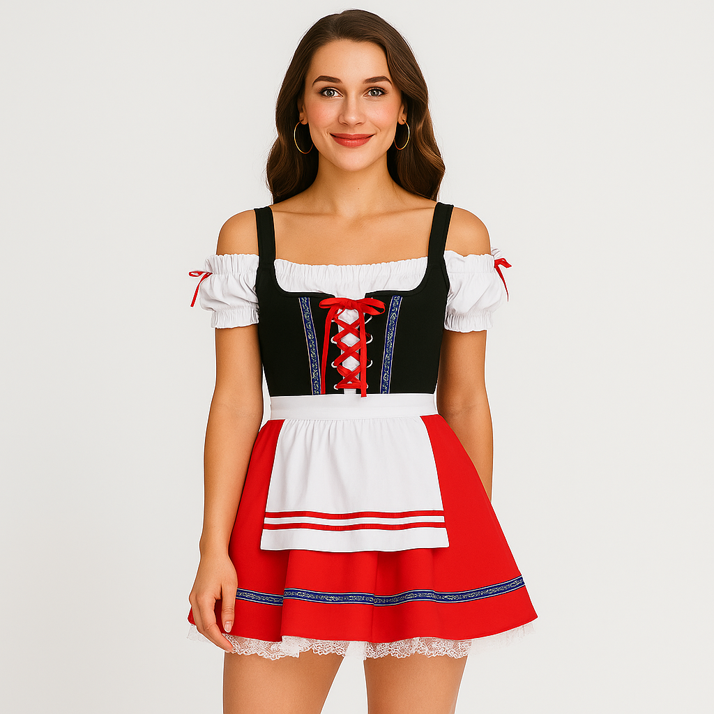 Oktoberfest Women's Dirndl β Elegant Black and Red Dress with Lace & Ruffles