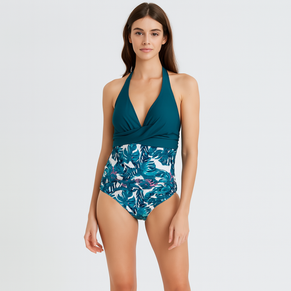 Viola – Dressed swimsuit with off-shoulder neckline, V-neckline, and print