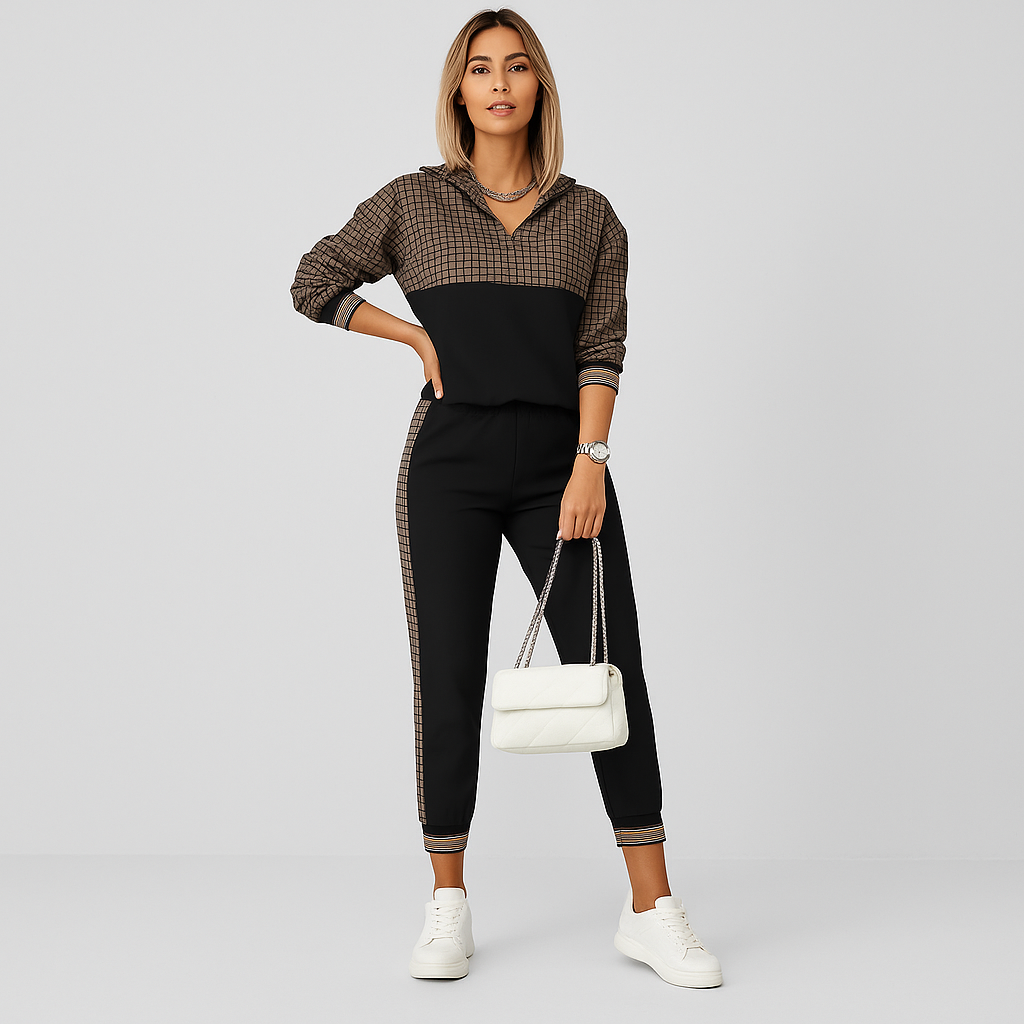 Elegant Two-piece Training set for women – Plaid jacket with zipper and slim pants with side stripe