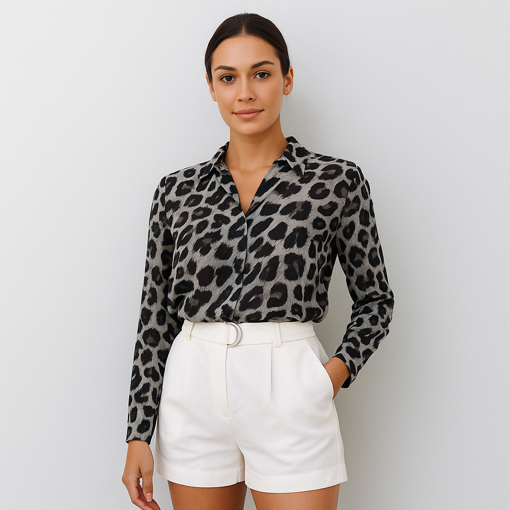 Hanna - Leopard Print Blouse with Long Sleeves and Shirt Collar