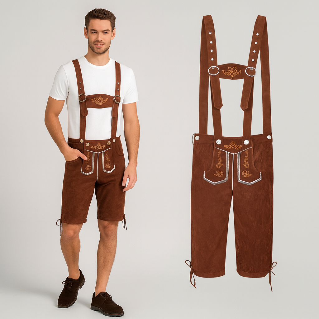 Men's Knee Patch Shorts – Dark Brown Traditional Pants with Suspenders for Oktoberfest