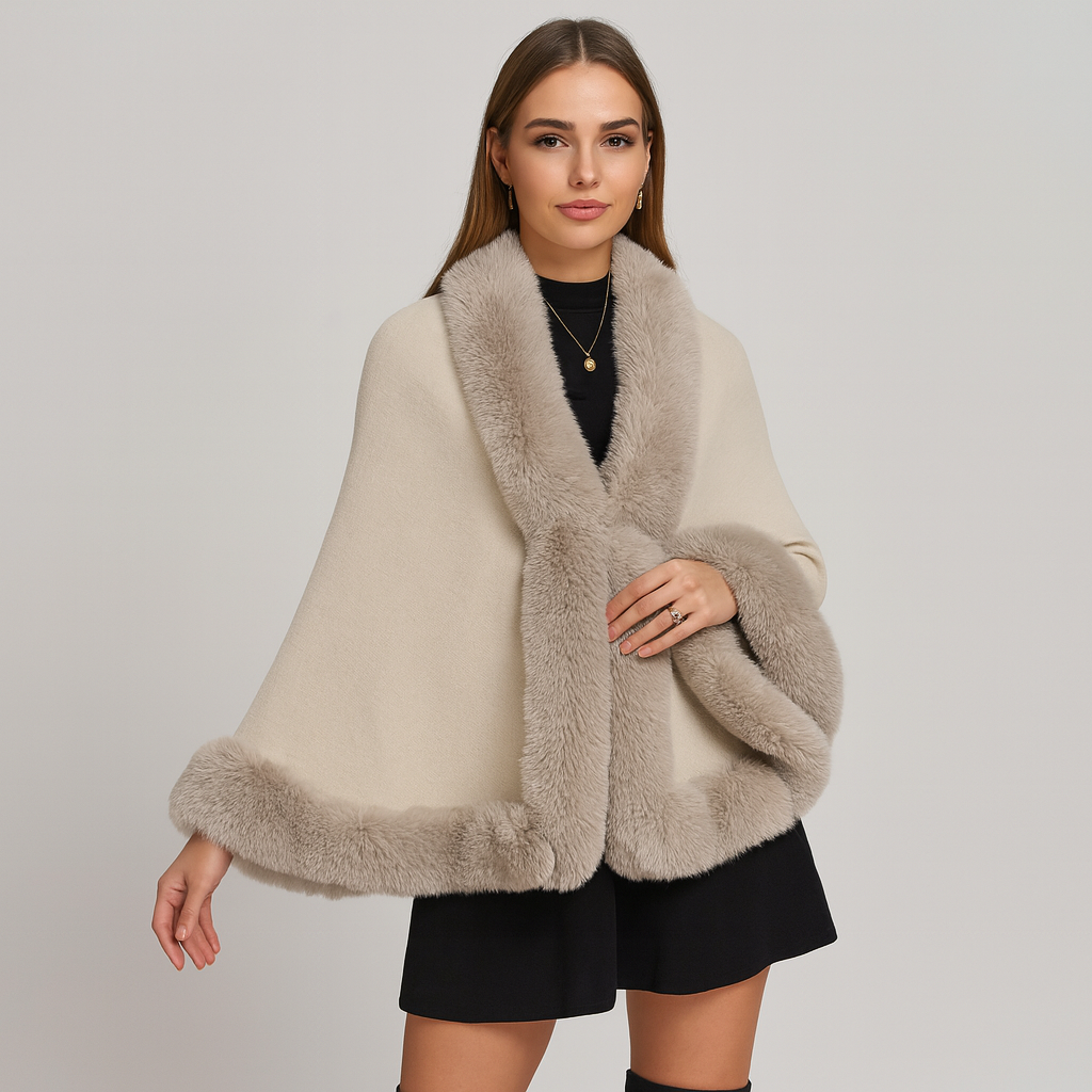 Marcella | Bat Wing Coat with Open Front and Fur Trim
