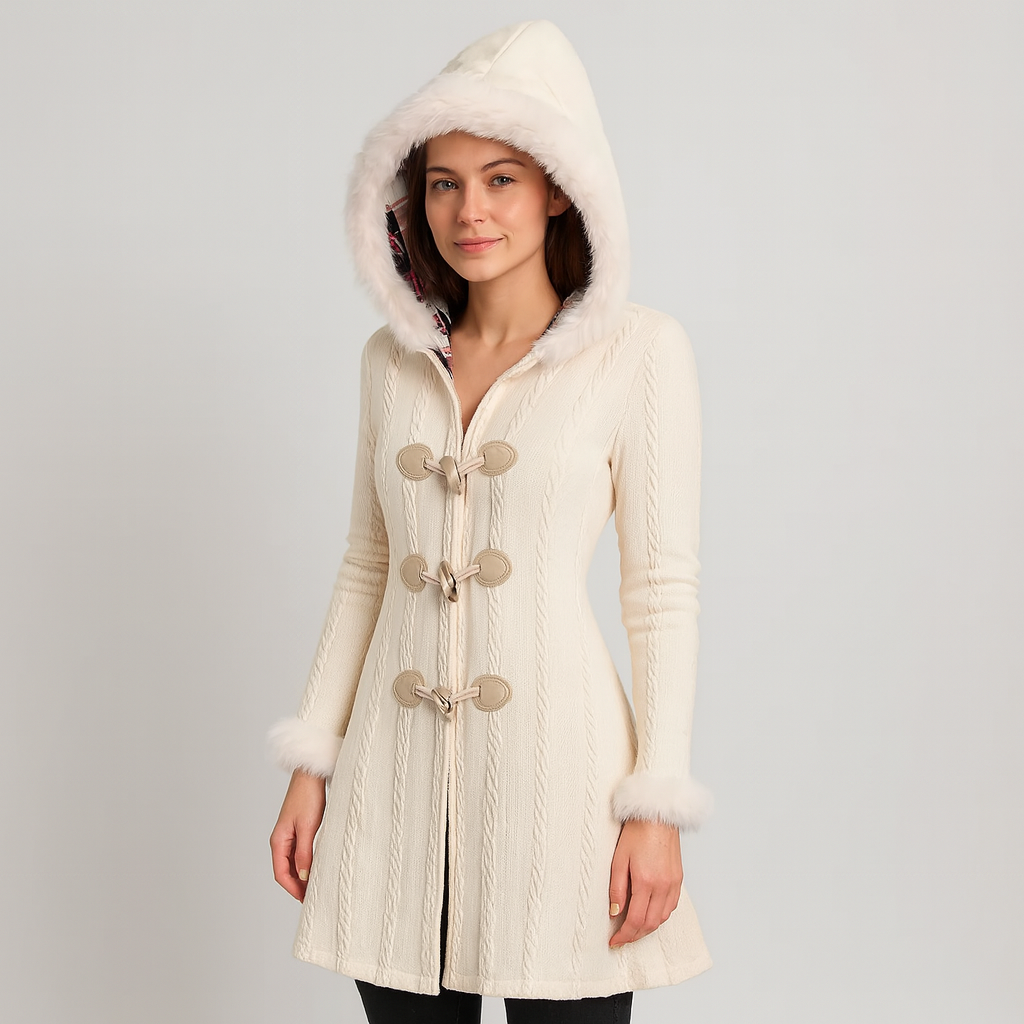 Selena | Women's Hooded Coat with Plaid Patchwork and Horn Buttons