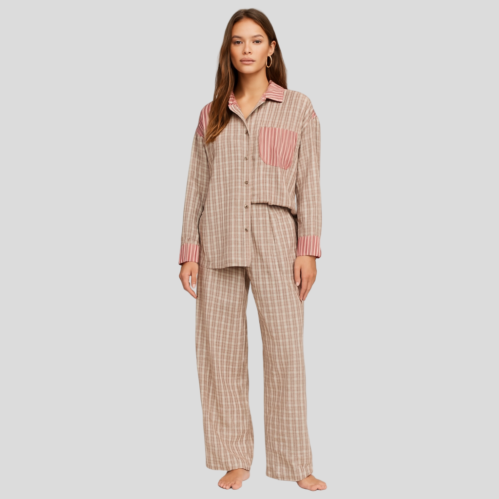 Marcelline | Long-sleeve shirt and wide-leg plaid pants set