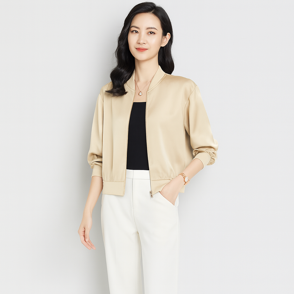 Satin Flight Jacket for Women – Relaxed Fit, Zipper, All-Weather Style