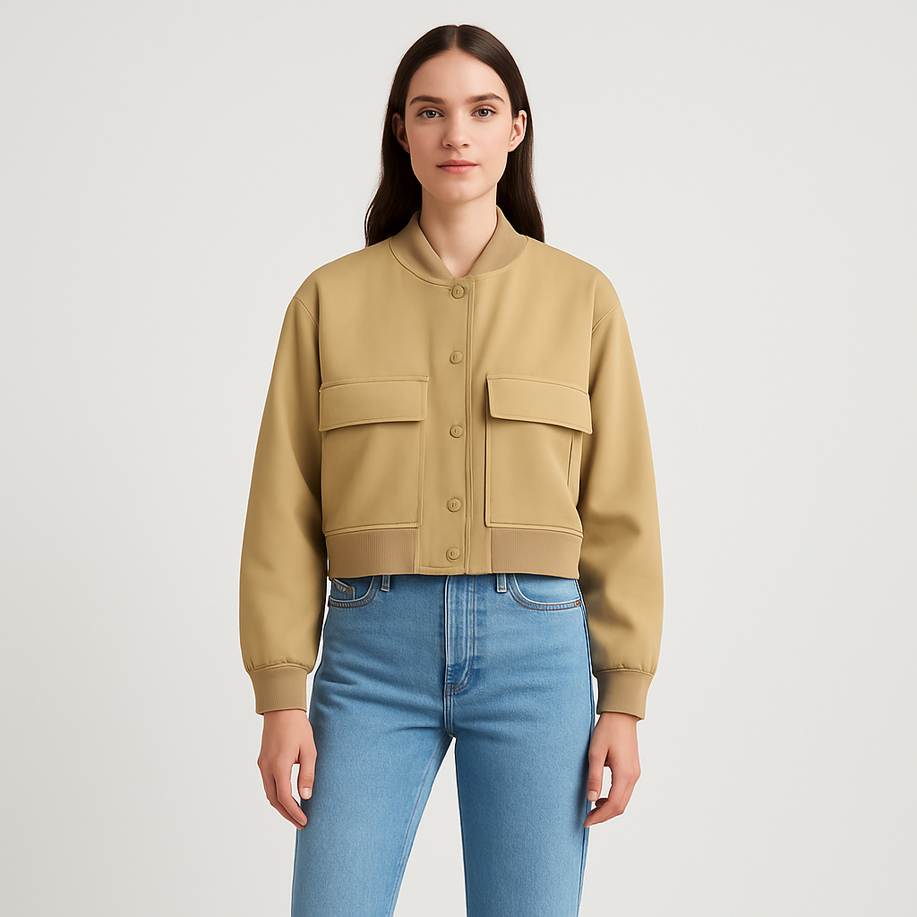 Beige Soft Bomber Jacket for Women – Casual and Comfortable Look