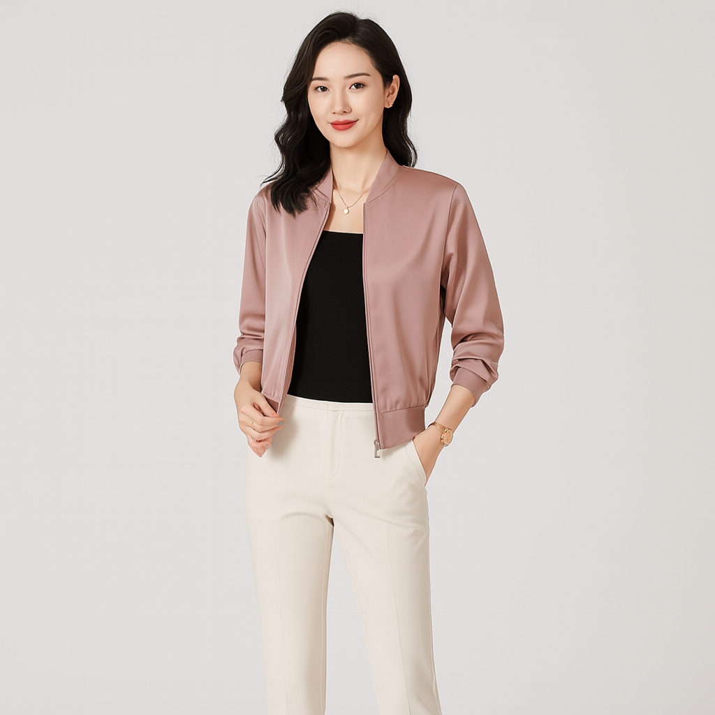 Satin Flight Jacket for Women – Relaxed Fit, Zipper, All-Weather Style