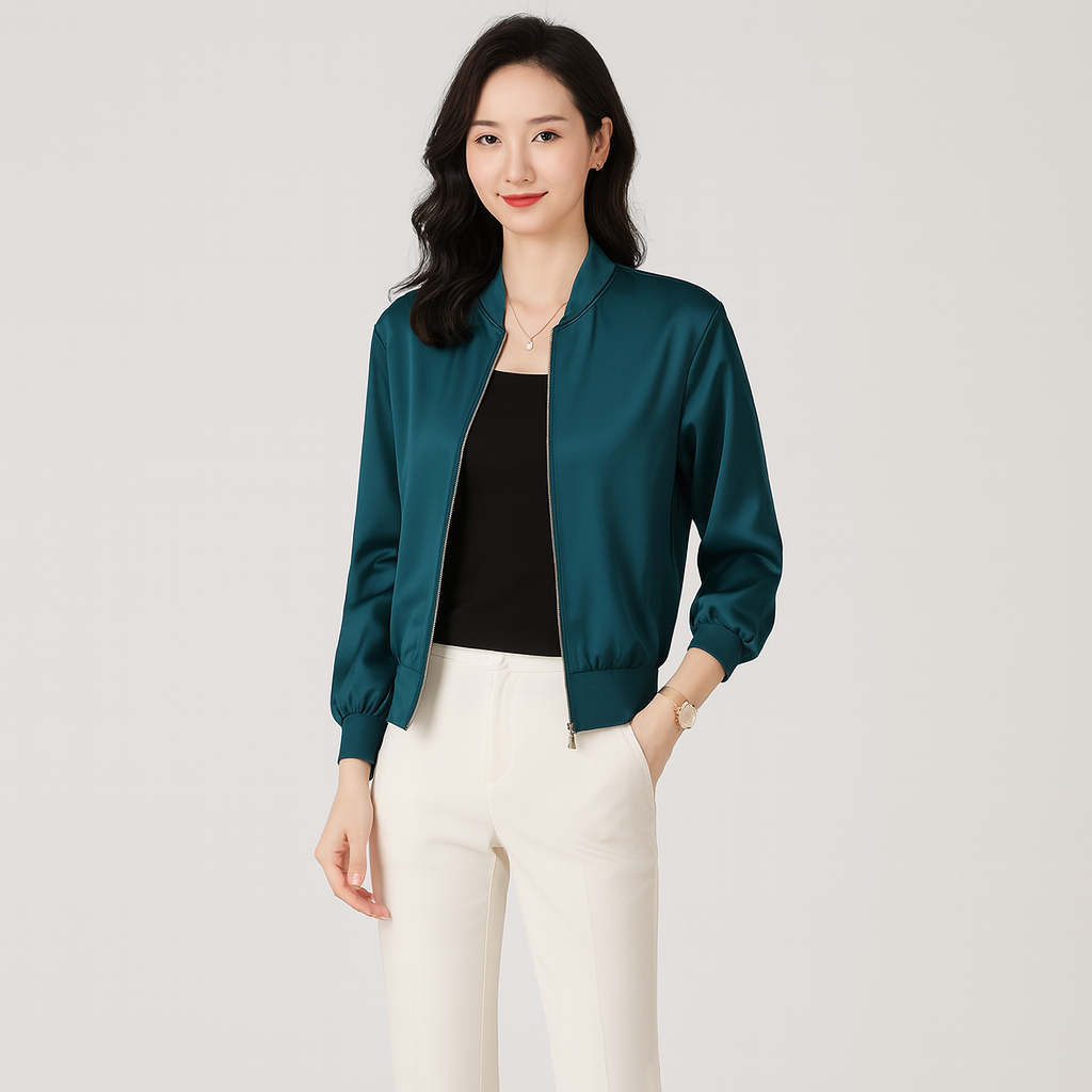 Satin Flight Jacket for Women – Relaxed Fit, Zipper, All-Weather Style