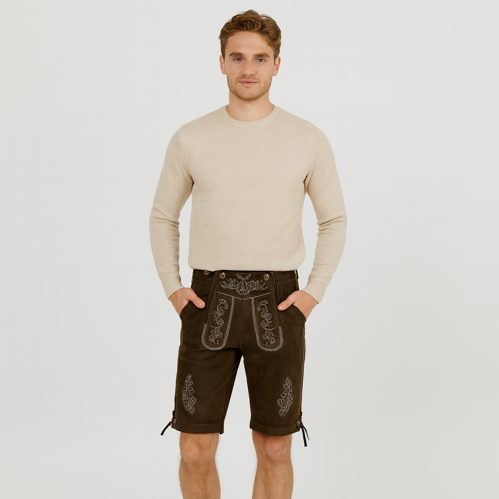 Men's Knee Patches Traditional Trachten Pants with Embroidery & Lacing for Oktoberfest