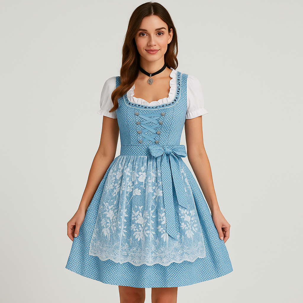 Elegant Women's Dirndl β Blue and White with Polka Dot Pattern & Festive Bow