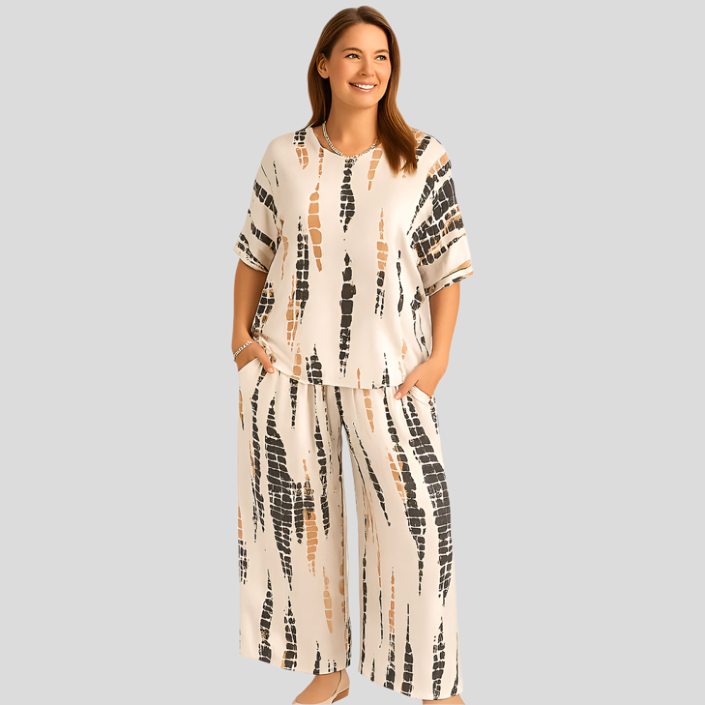Elise Casual Two-Piece Set – Rounded Neck Top and Wide-Leg Pants for Effortless Style