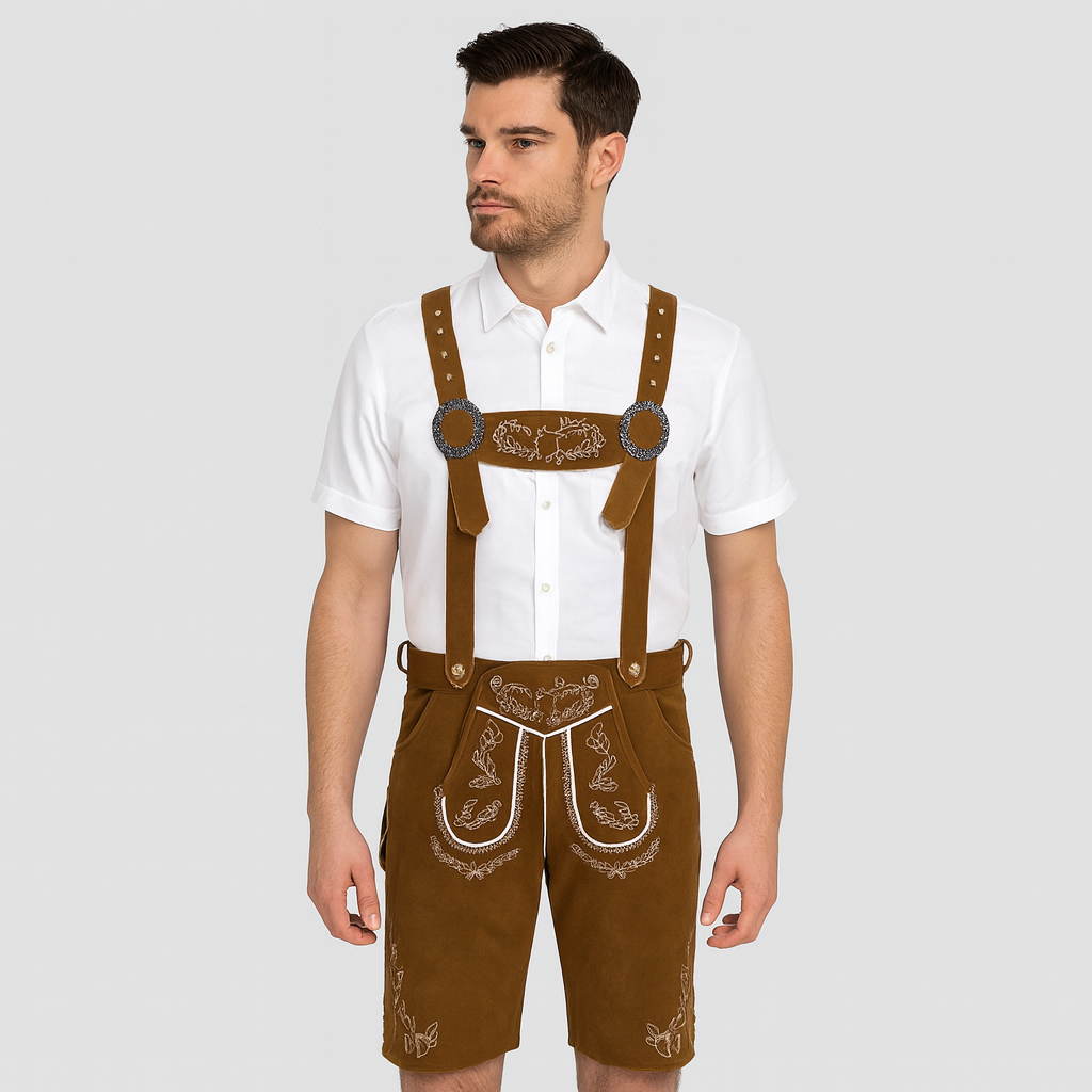 Men's Brown Traditional Trousers with Embroidery & Suspenders for Oktoberfest