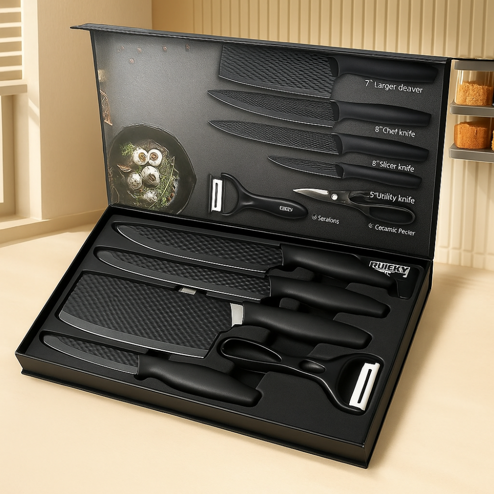 Chefora | Set of 6 stainless steel kitchen knives and accessories – Black gift edition