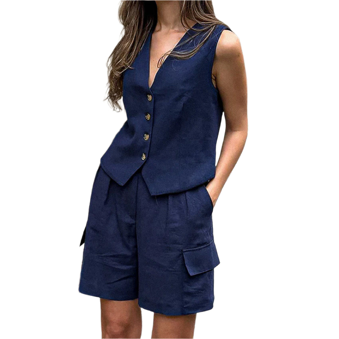Chic Ease | Casual two-piece set with V-neck vest and shorts