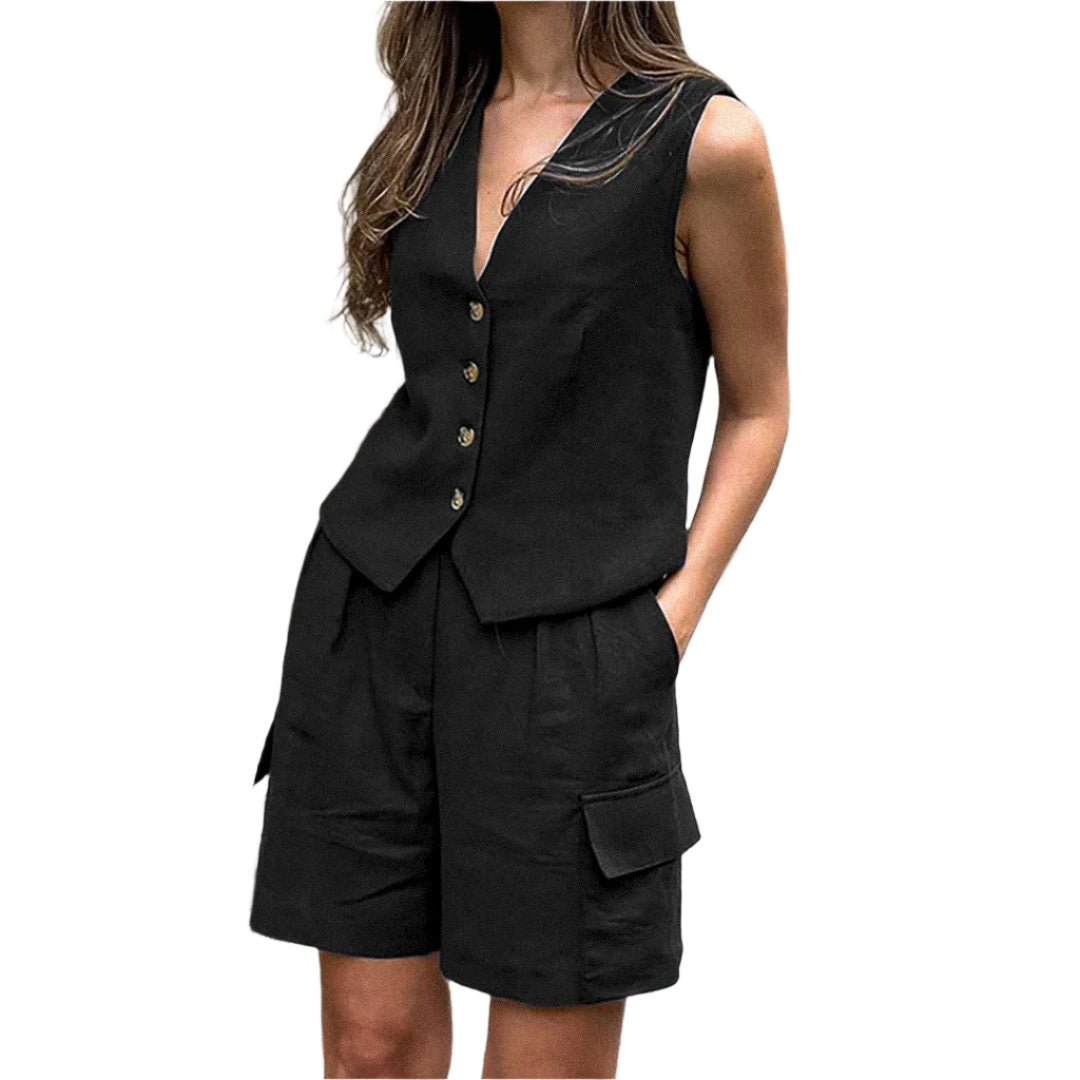 Chic Ease | Casual two-piece set with V-neck vest and shorts