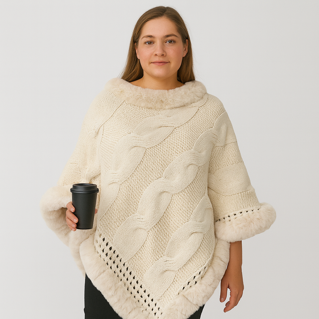 Clarissa | Cape Pullover with Cable Knit Pattern and Fur Trim