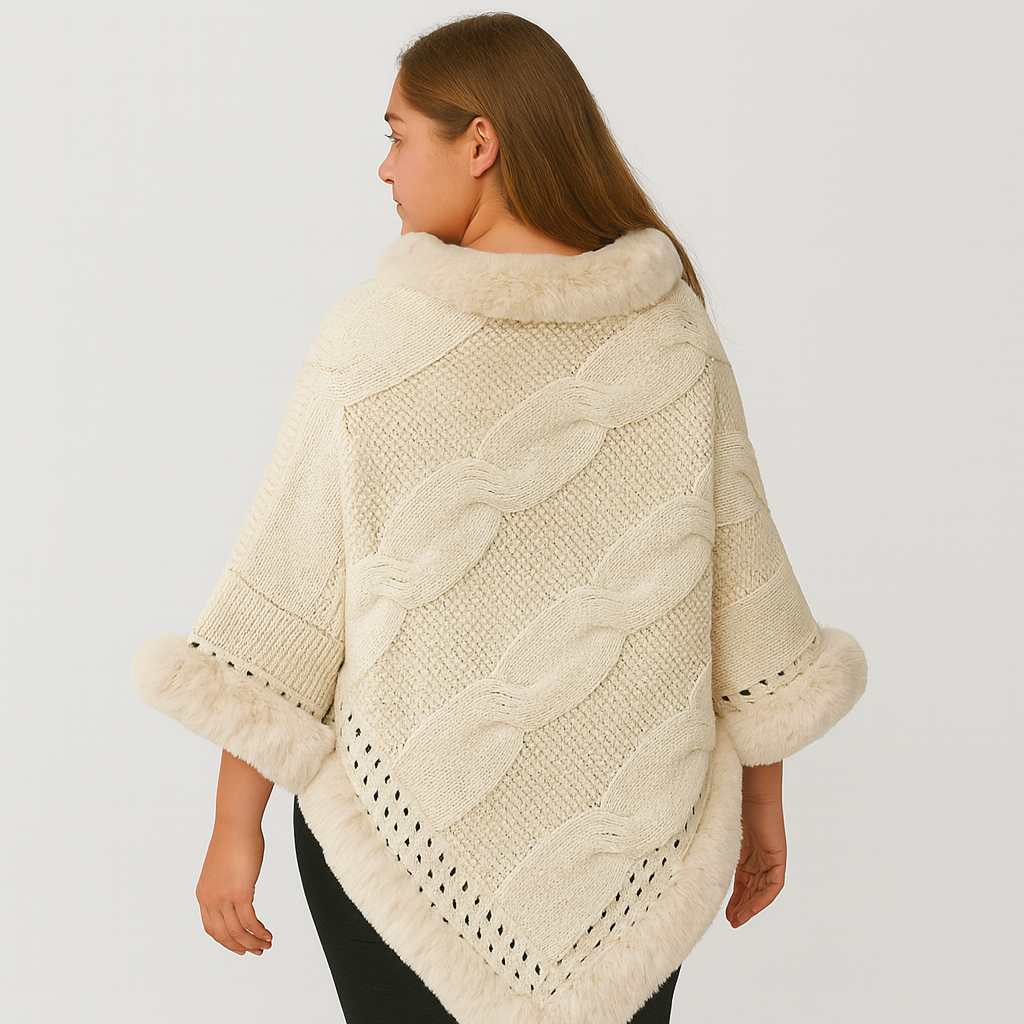 Clarissa | Cape Pullover with Cable Knit Pattern and Fur Trim